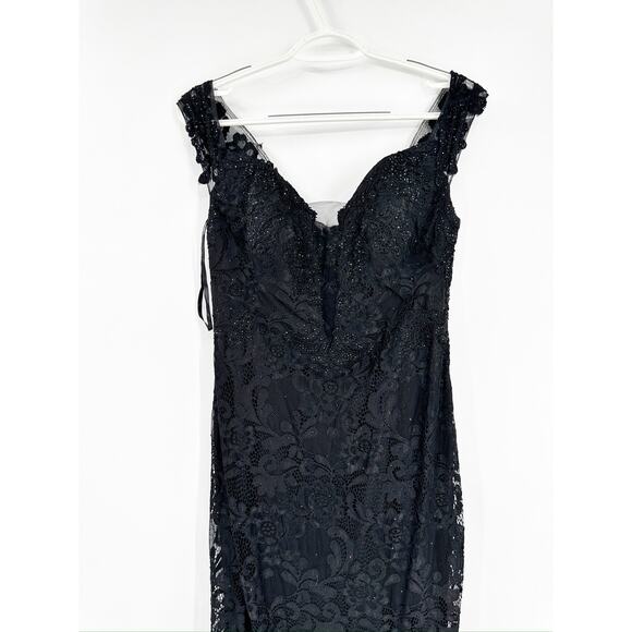 La Femme 29693 Black Lace Off The Shoulder V-Neck Slit Gown Size 12 NWT - Picture 3 of 7